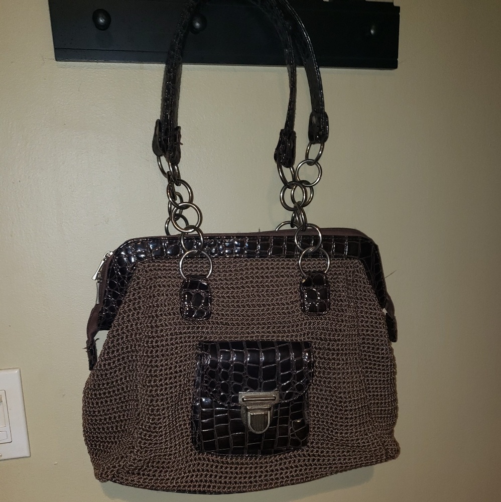 Large shoulder bag brown knit rayon